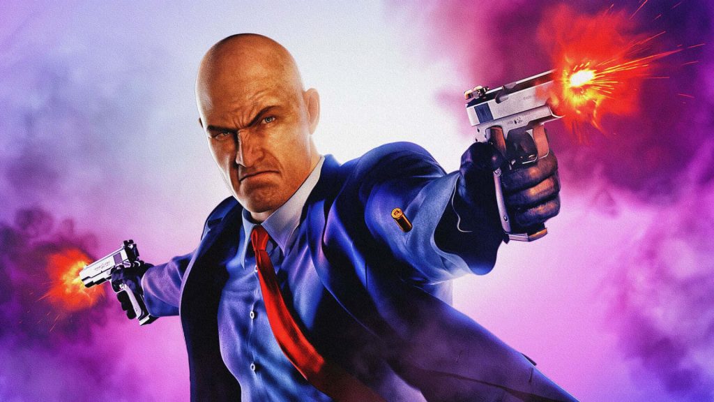 Hitman 3 wallpaper Agent 47 dual-wielding guns in blue suit with purple smoke background