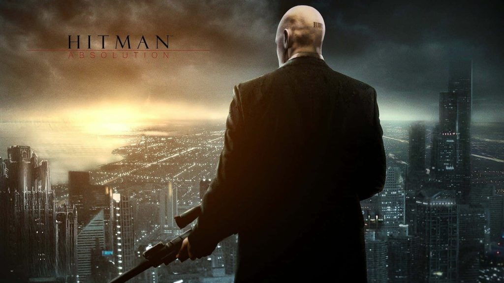 Agent 47 in suit with silenced pistol overlooking glowing city skyline at dusk Hitman Absolution wallpaper