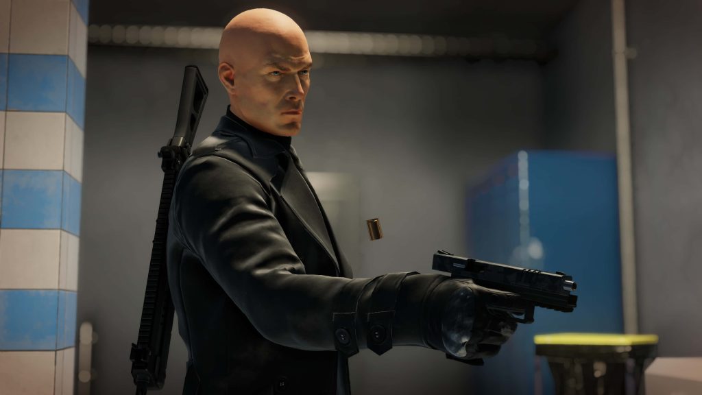Hitman Agent 47 3D render in black coat with pistol shell casing cinematic gaming wallpaper background