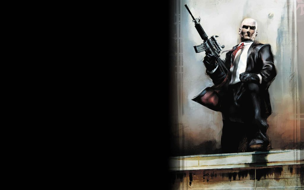 Hitman Agent 47 crouching with assault rifle in black suit red tie dramatic painterly wallpaper