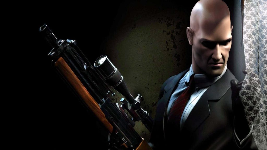 Agent 47 Hitman in suit with sniper rifle cinematic wallpaper dark moody lighting curtains