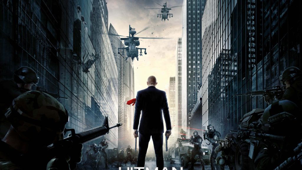 Hitman Agent 47 with dual pistols in urban street surrounded by tactical troops and attack helicopters Wallpaper