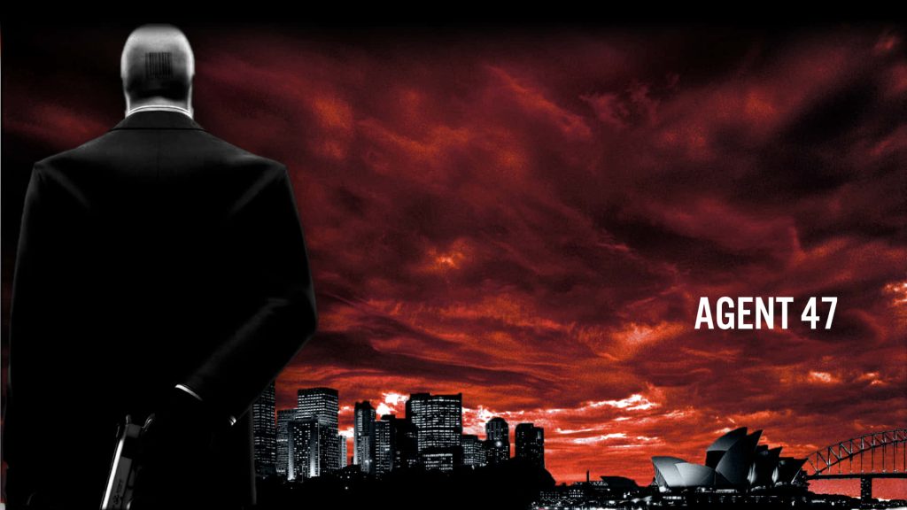 Hitman Agent 47 in black suit with barcode watches fiery Sydney skyline with Opera House and Bridge Wallpaper