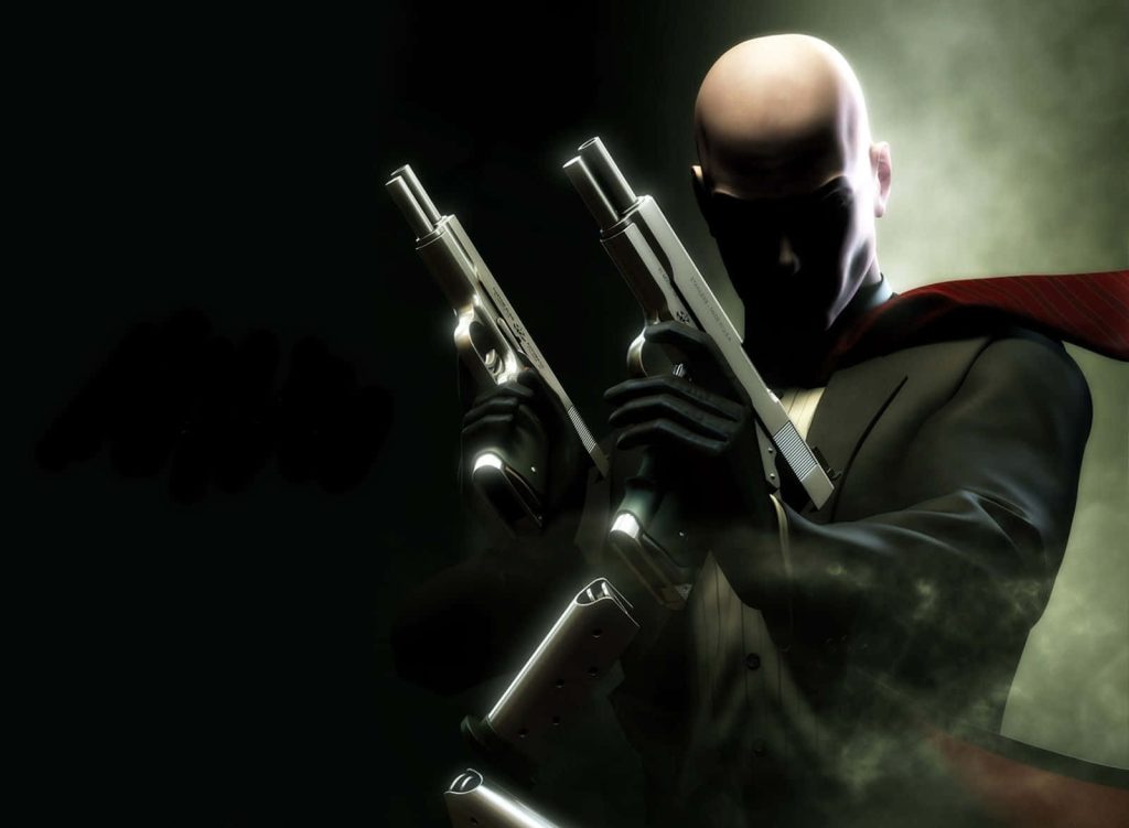 Agent 47 Hitman wallpaper in suit with red tie dual-wielding Silverballers dark gritty style