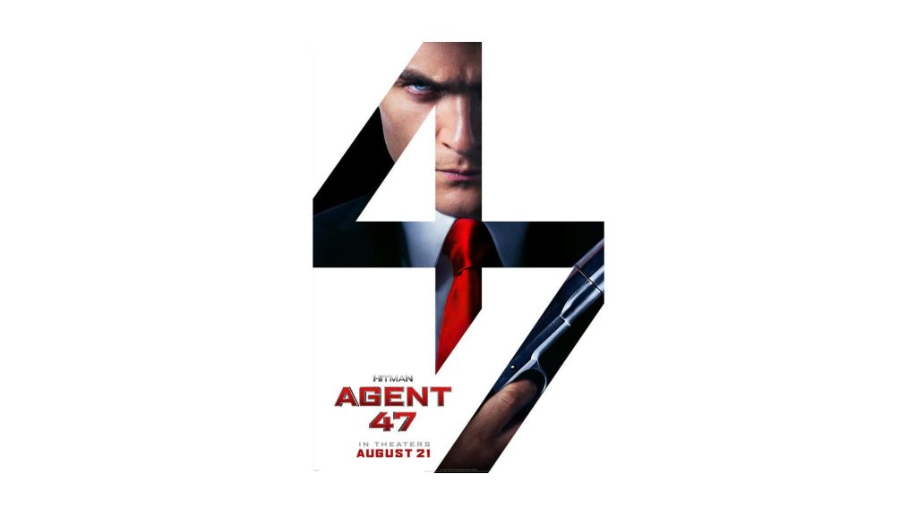 Hitman Agent 47 wallpaper with intense gaze red tie silenced pistol minimalist white background