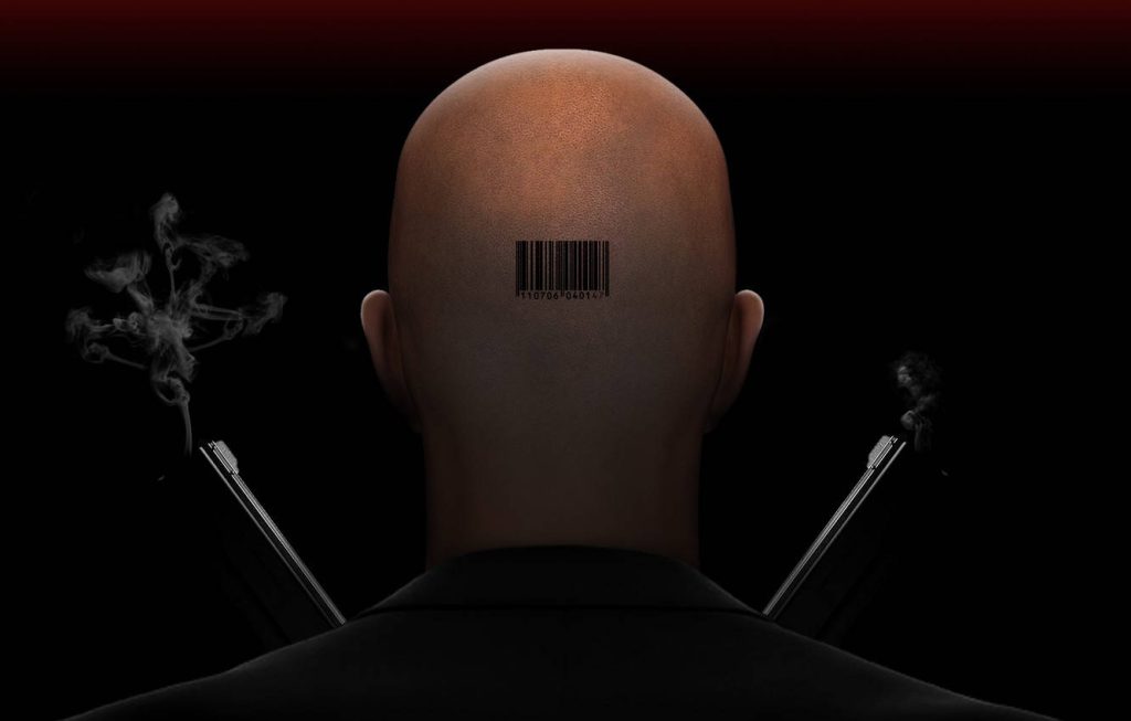 Hitman Agent 47 minimalist wallpaper with barcode head and dual pistols on dark background