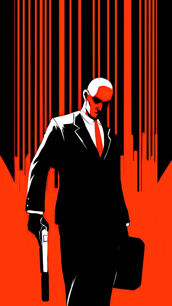 Agent 47 Hitman wallpaper black suit red tie silenced pistol briefcase red barcode background