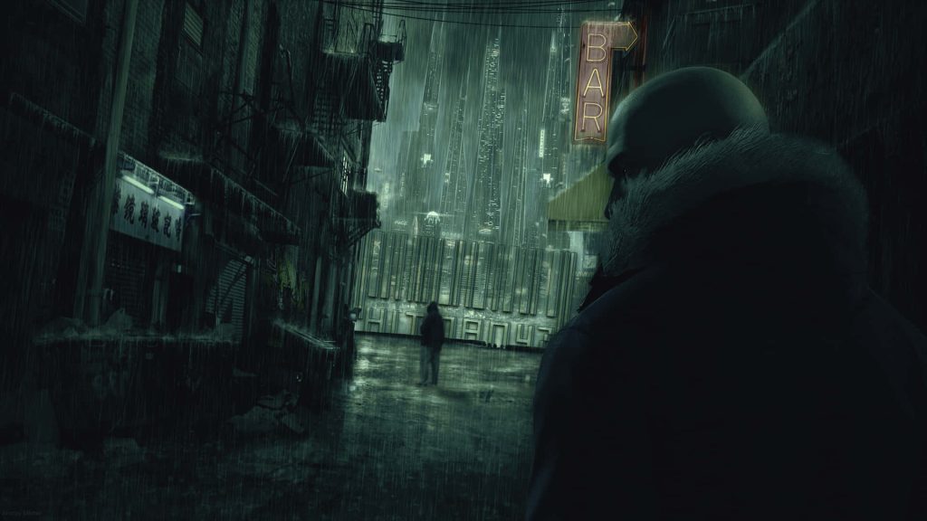 Hitman Agent 47 in neon-lit rainy urban alley cinematic digital art wallpaper background