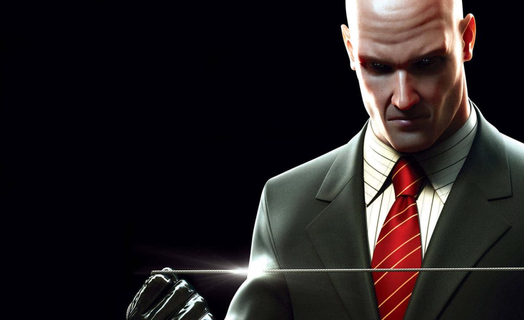 Agent 47 Hitman CGI wallpaper with fiber wire on black background high contrast digital art