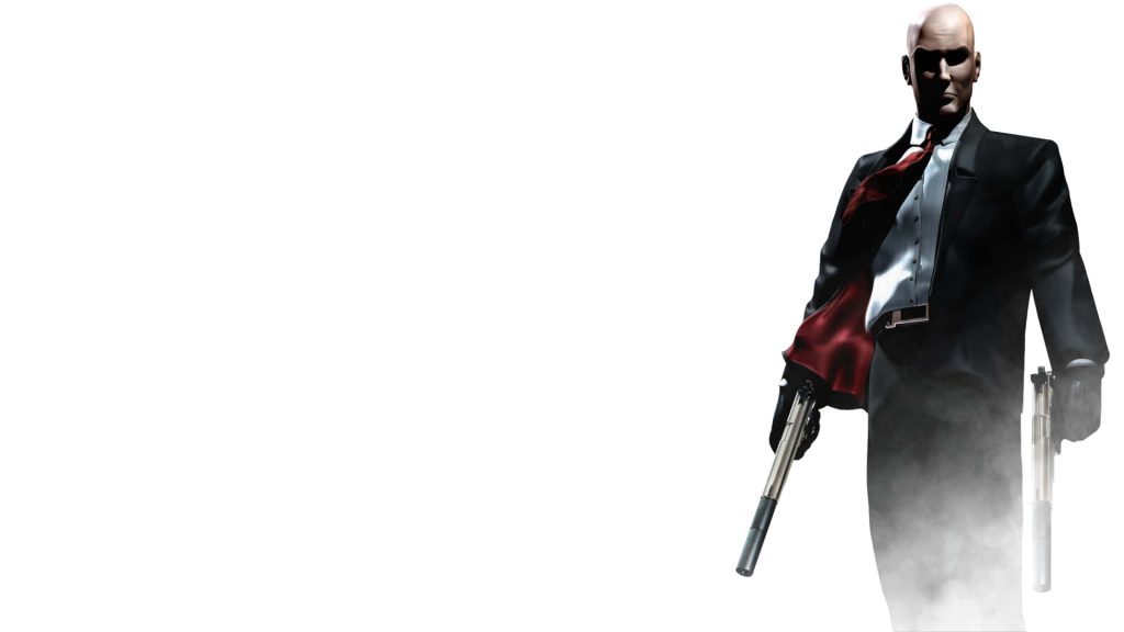 Hitman Agent 47 in black suit red tie holding dual Silverballers on white background wallpaper