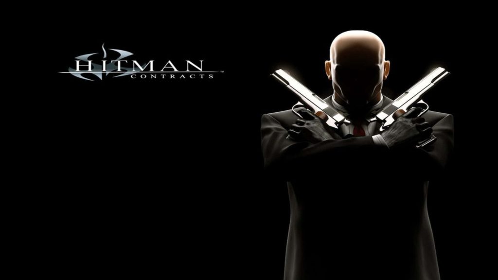 Agent 47 in Hitman Contracts black suit red tie dual silver handguns dramatic lighting wallpaper