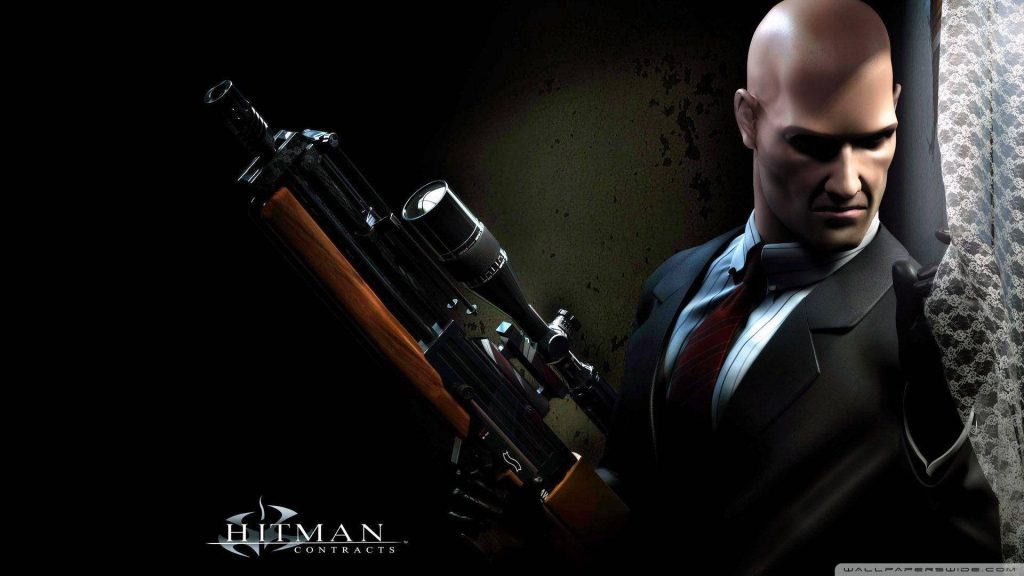 Agent 47 in Hitman Contracts suit with sniper rifle behind lace curtain dark moody wallpaper