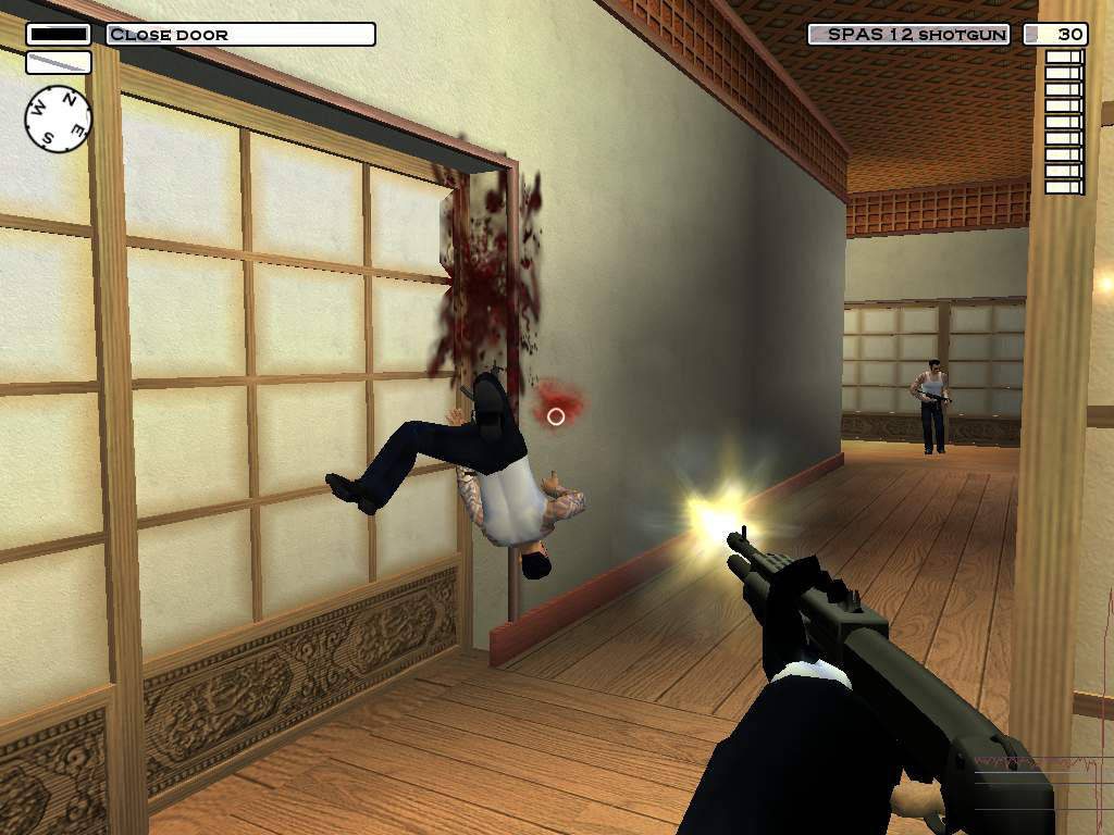 Agent 47 fires SPAS 12 shotgun in Hitman Contracts first-person shootout in Japanese interior Wallpaper