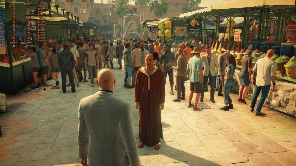 Agent 47 in Hitman Marrakesh mission sunlit souk detailed 3D game wallpaper background