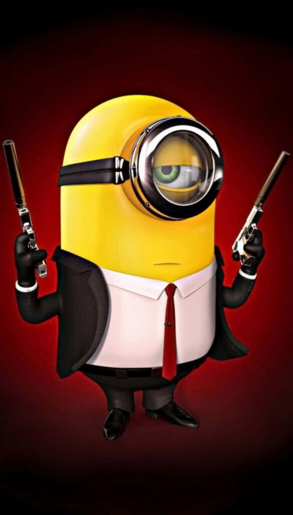 Stylish Minion Hitman Wallpaper: Black Suit & Pistols on Red Background