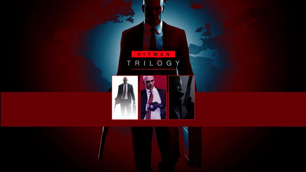Hitman Trilogy wallpaper featuring Agent 47 in dark red tones with three game portraits