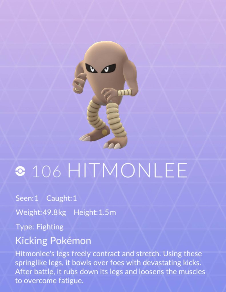 Hitmonlee Pokemon wallpaper with dynamic kick pose on purple geometric gradient background