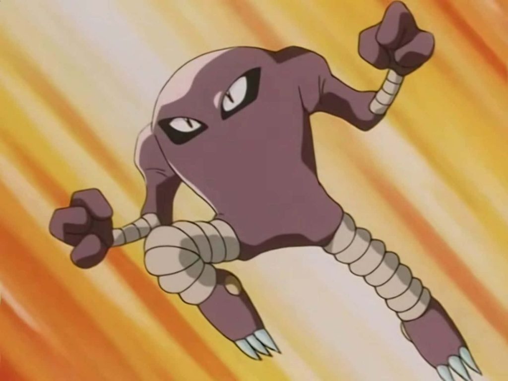 Hitmonlee anime wallpaper showing dynamic jump pose with intense gaze and orange streaked background