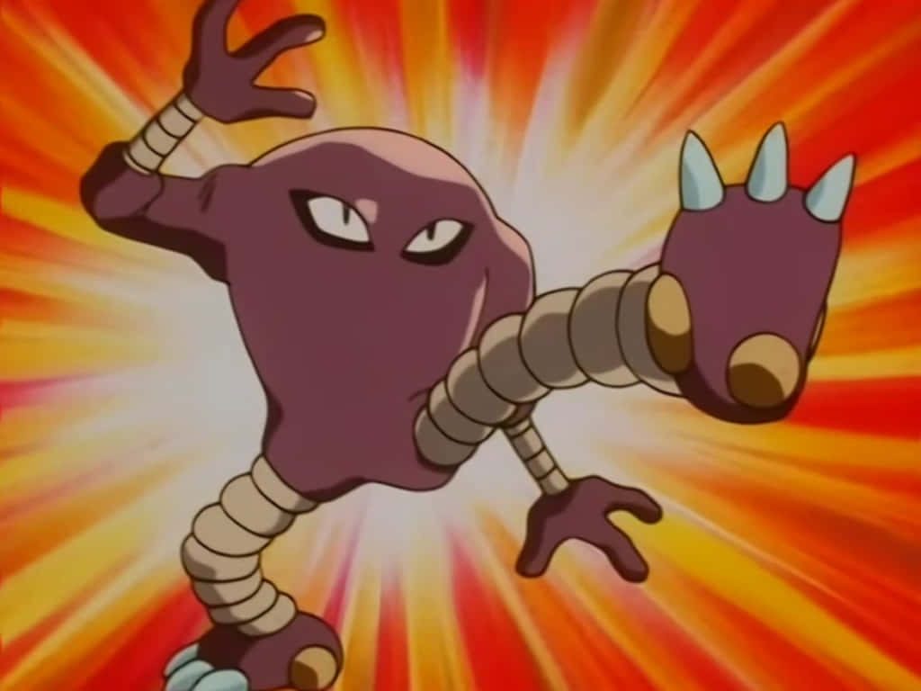 Hitmonlee fighting type Pokémon delivering powerful kick 90s anime style intense orange background Wallpaper