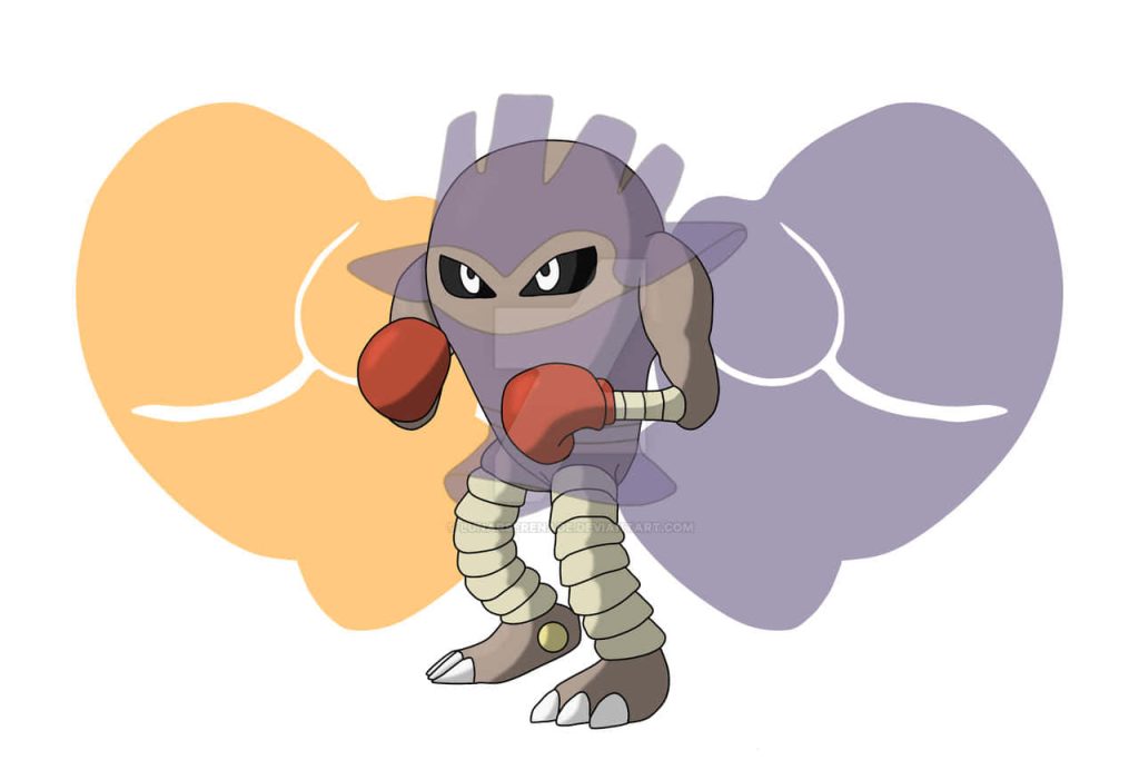 Digital art of Hitmonlee and Hitmonchan fusion with boxing gloves on yellow purple background wallpaper