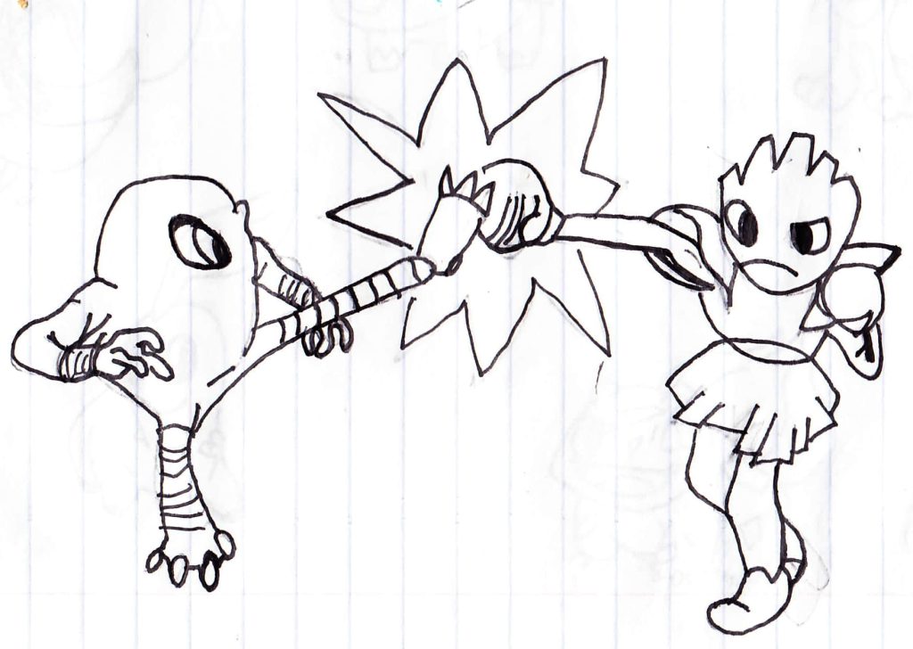 Hand-drawn black ink sketch of Hitmonlee and Hitmonchan sparring with impact star wallpaper