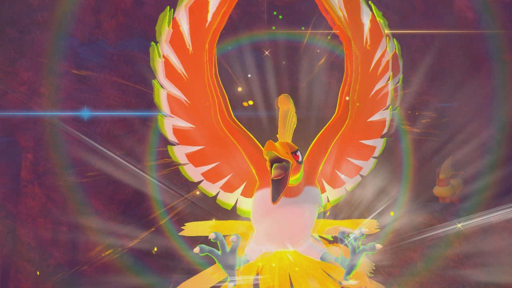 Ho-Oh Pokémon 3D wallpaper vibrant orange wings glowing red dynamic battle scene background