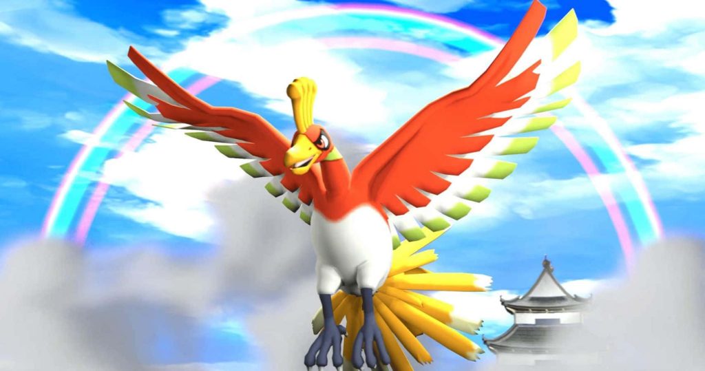 Legendary Pokémon Ho-Oh soaring with vibrant rainbow clouds and Japanese temple roof background Wallpaper