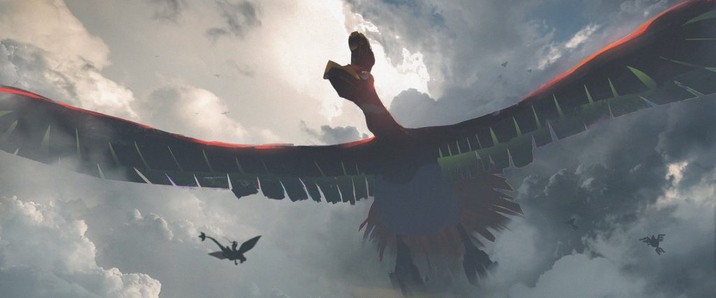 Legendary Pokémon Ho-Oh soaring with Flygon in dramatic cloud skies epic cinematic wallpaper