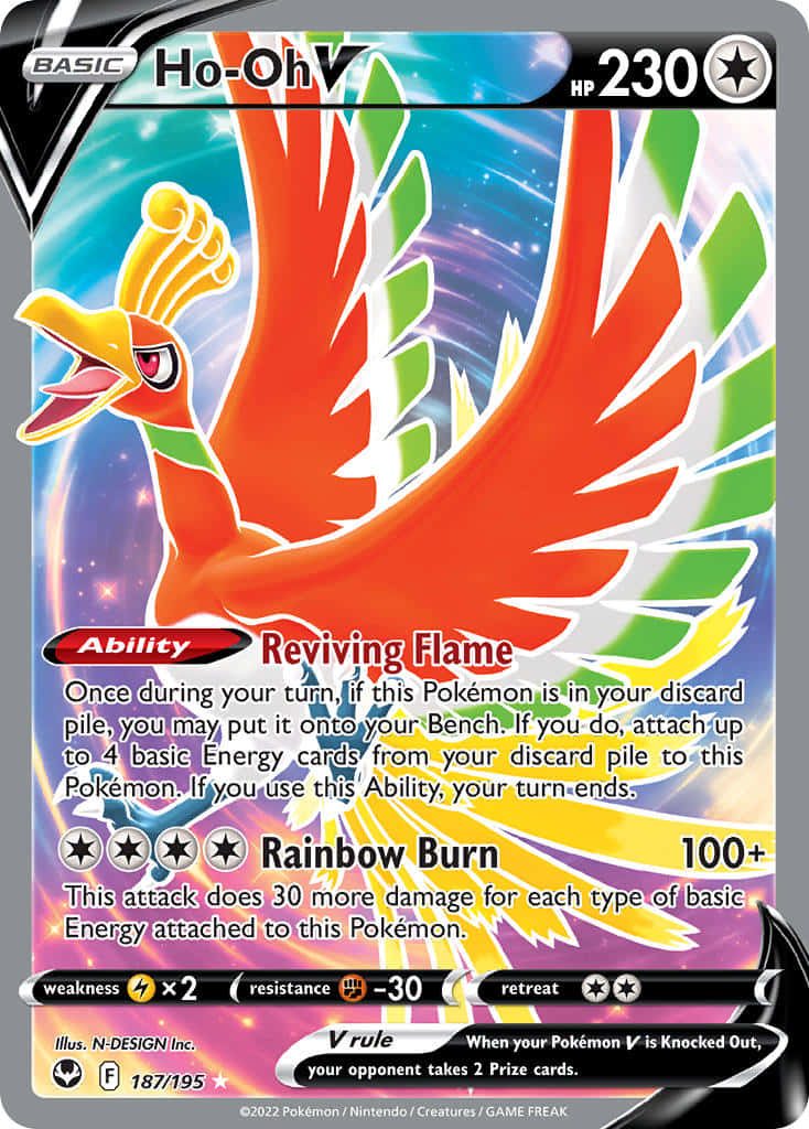 Ho-Oh V Pokémon card wallpaper Silver Tempest vibrant wings gray background digital art