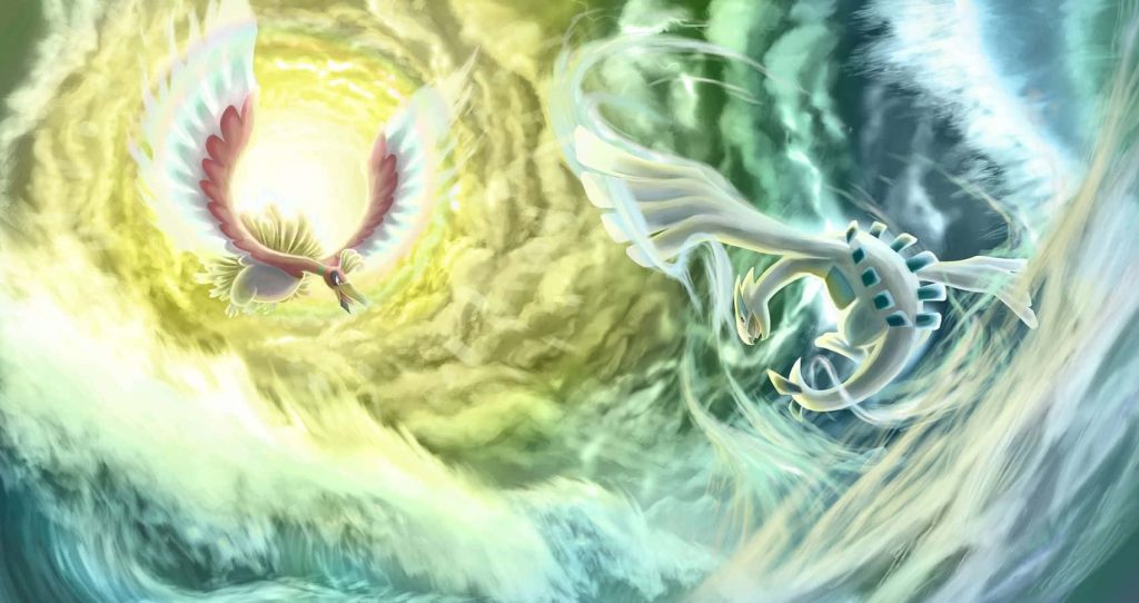 Ho-Oh and Lugia clash in vibrant sky wallpaper with golden aura and stormy swirling winds