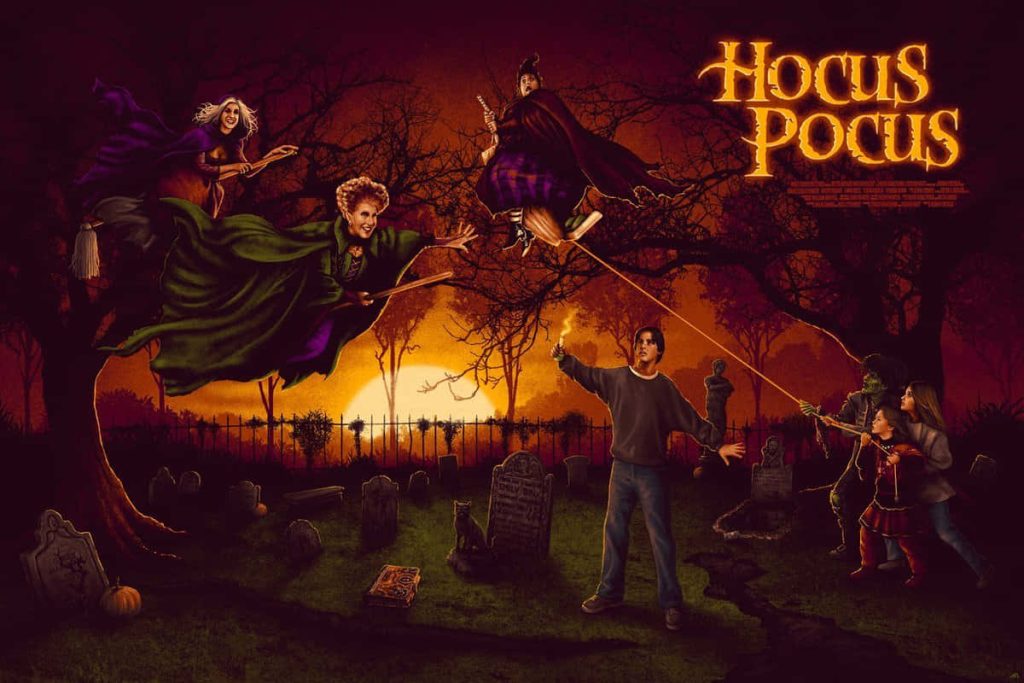 Hocus Pocus movie poster wallpaper with Sanderson Sisters flying over graveyard at twilight