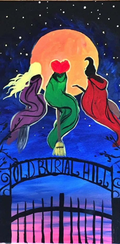 Hocus Pocus Sanderson Sisters silhouette flying on broomsticks against full moon Halloween art Wallpaper