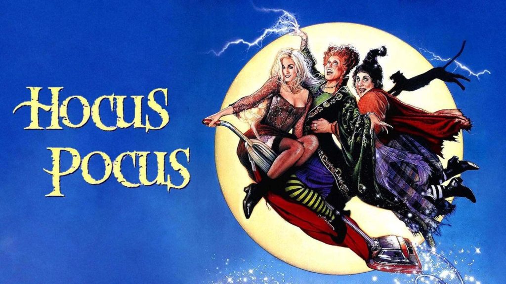 Hocus Pocus movie poster with Sanderson Sisters flying on brooms and black cat silhouette Wallpaper