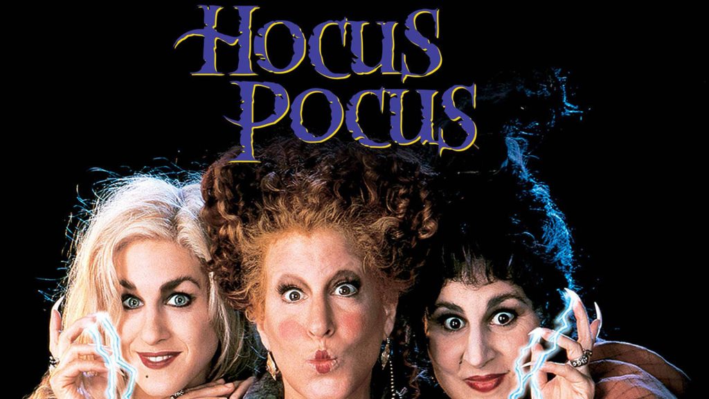 Hocus Pocus wallpaper with Sanderson Sisters casting electric blue lightning on black background