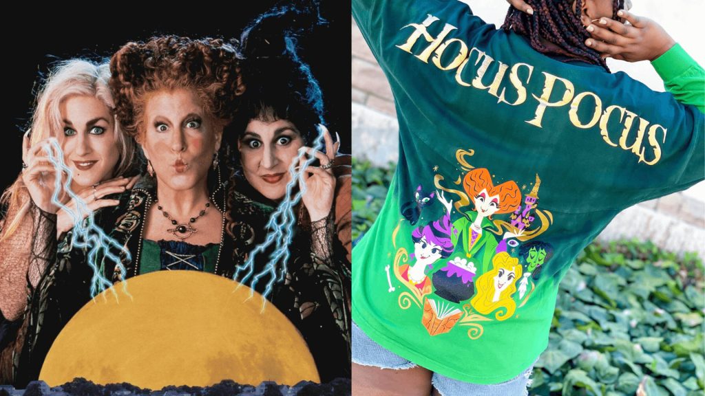 Hocus Pocus Sanderson Sisters wallpaper with iconic trio casting spells by glowing moon and cauldron
