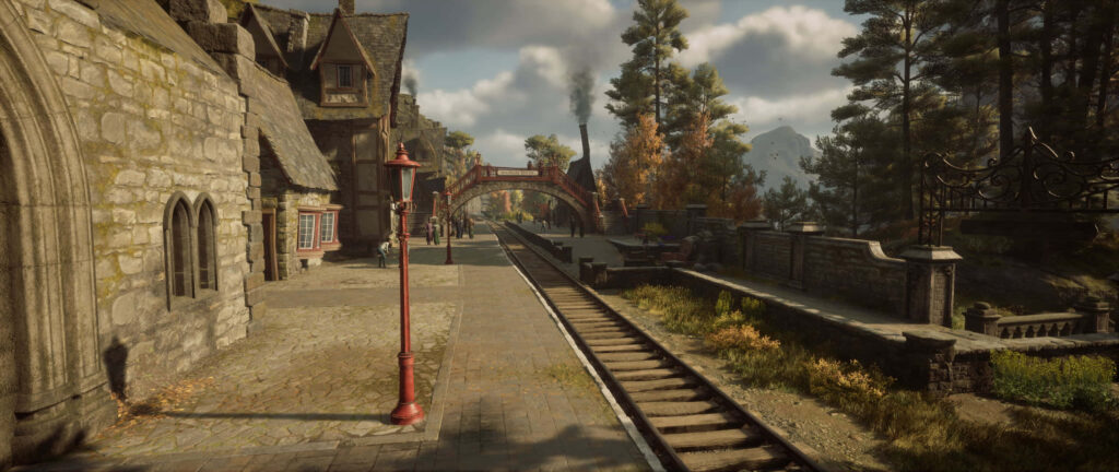 Scenic Hogsmeade Station in Hogwarts Legacy with stone buildings red lamp post autumn trees Wallpaper