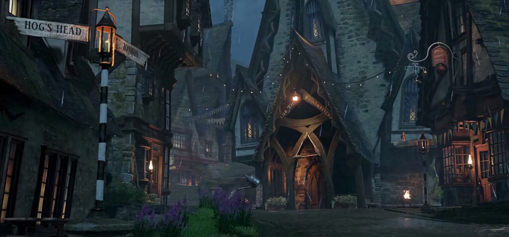Enchanting Hogsmeade Village at night with rustic stone cottages and glowing lanterns wallpaper