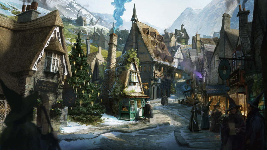 Hogsmeade Village winter scene Hogwarts Legacy wallpaper snow-covered rooftops cozy shops mountain view