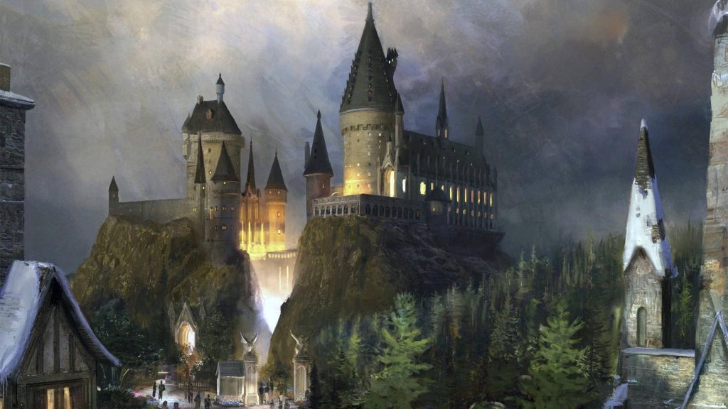 Hogwarts castle digital art glowing at twilight on cliff magical fantasy wallpaper background