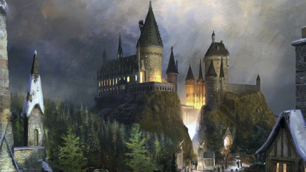 Hogwarts Castle glowing on misty cliffs at twilight winter sky digital fantasy wallpaper background