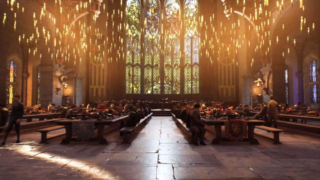 Hogwarts Great Hall festive dinner with floating candles stained glass windows house banners wallpaper
