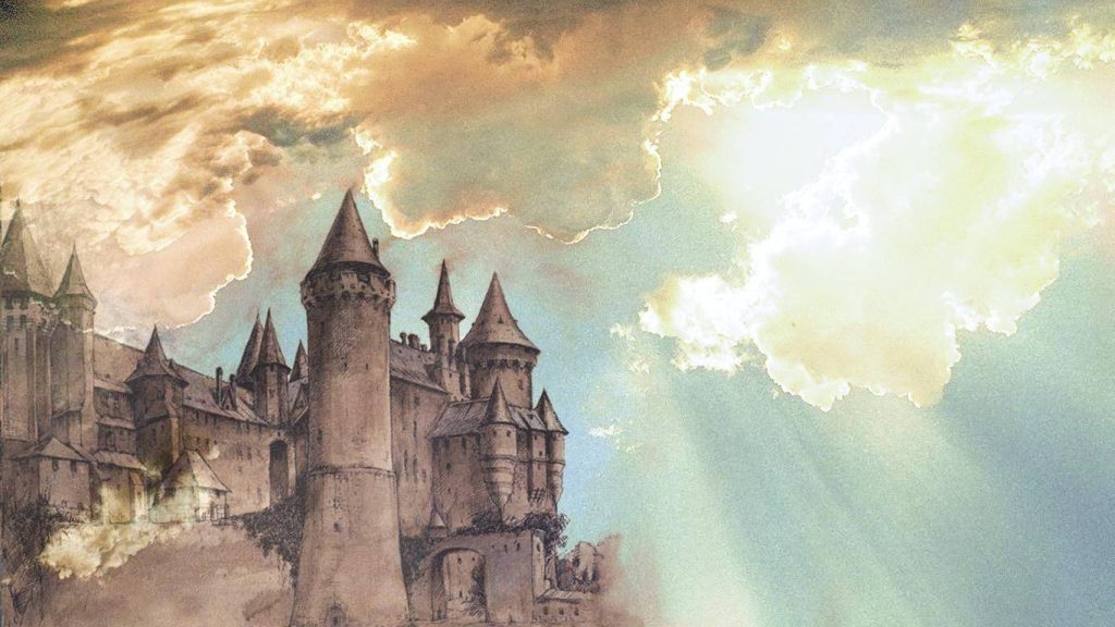 Artistic Hogwarts illustration with intricate towers in ethereal sunrays dreamy sketch style wallpaper