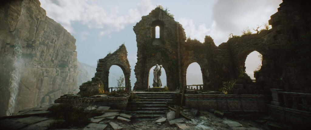 Hogwarts Legacy wallpaper showing ancient cliffside ruins with stone arches and misty sky view