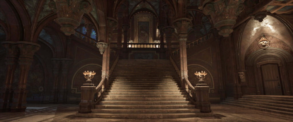 Grand Staircase Hall Hogwarts Legacy ornate arches detailed stonework grand magical steps background Wallpaper