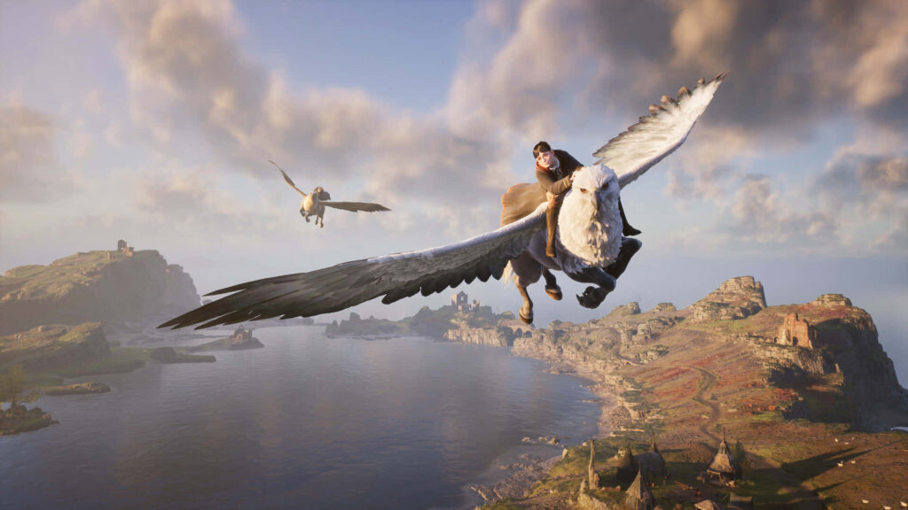 Hogwarts Legacy character flying a majestic hippogriff over scenic wizarding world landscape wallpaper