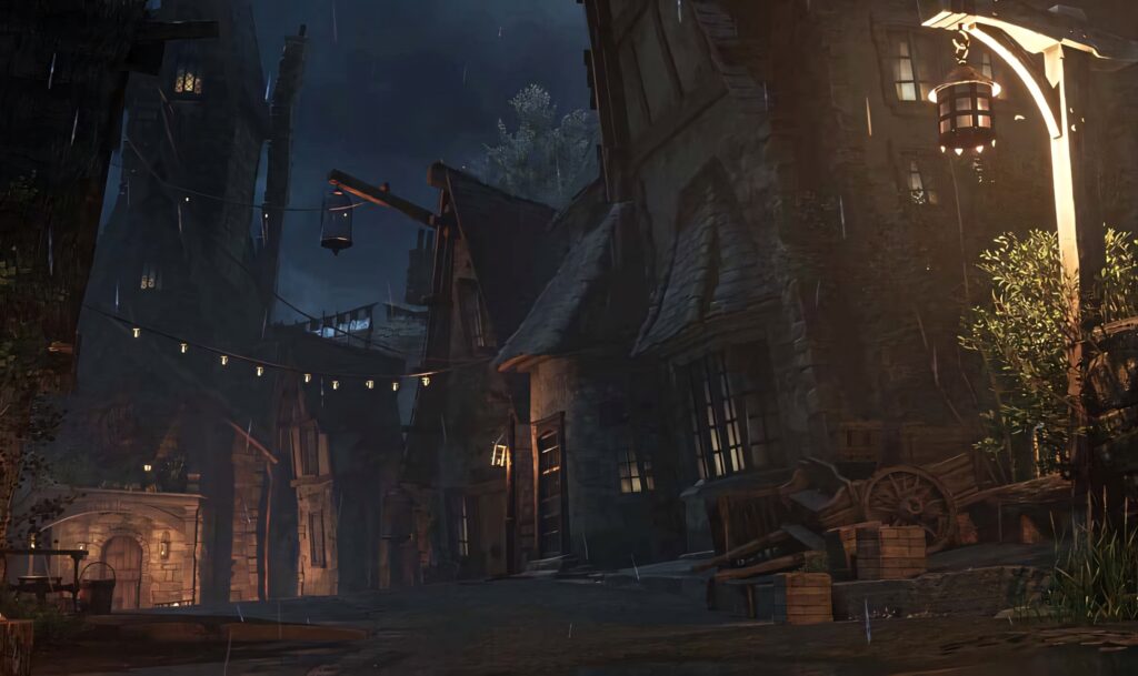 Hogwarts Legacy night scene of rainy Hogsmeade Village streets lit by warm lanterns wallpaper