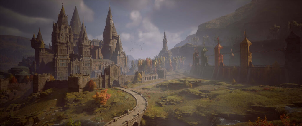 Hogwarts Legacy panoramic wallpaper with magical castle misty mountains vibrant autumn landscape