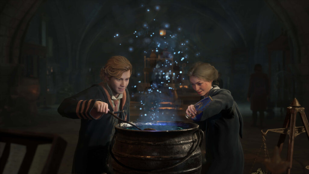 Two Hogwarts students brewing a magical potion with glowing blue sparkles in Hogwarts Legacy classroom Wallpaper