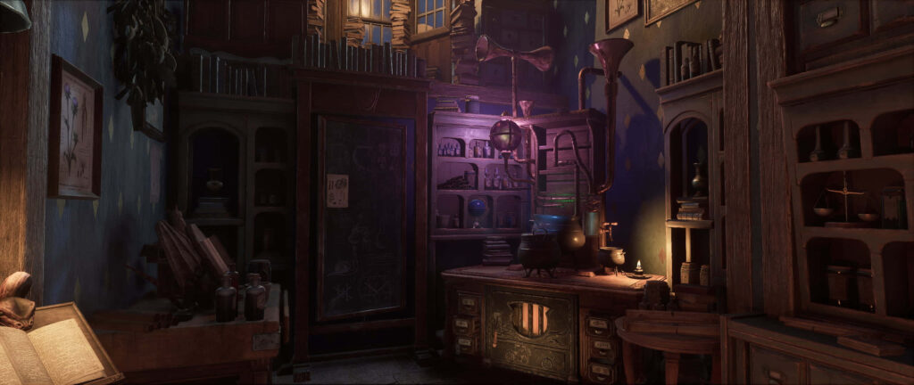 Hogwarts Legacy potions classroom wallpaper with bubbling cauldrons ancient books mystical light