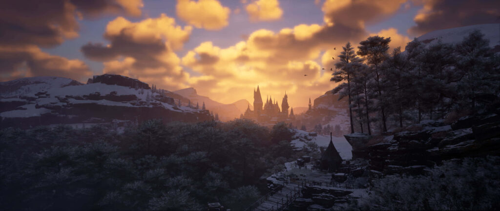 Winter sunset over Hogwarts castle with snowy trees and mountains Hogwarts Legacy wallpaper
